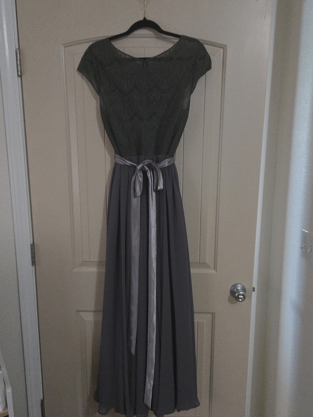 Azazie Gray Lace & Chiffon Maxi Dress with Satin Waist Tie